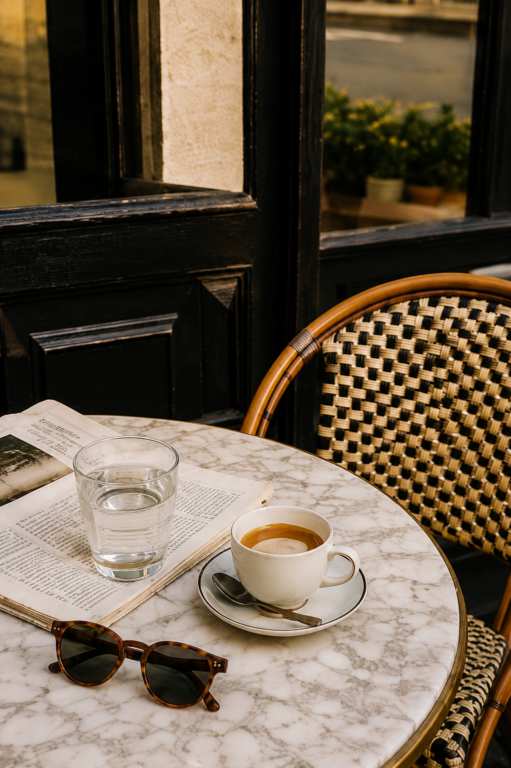 A marble café table with espresso, sunglasses and a newspaper