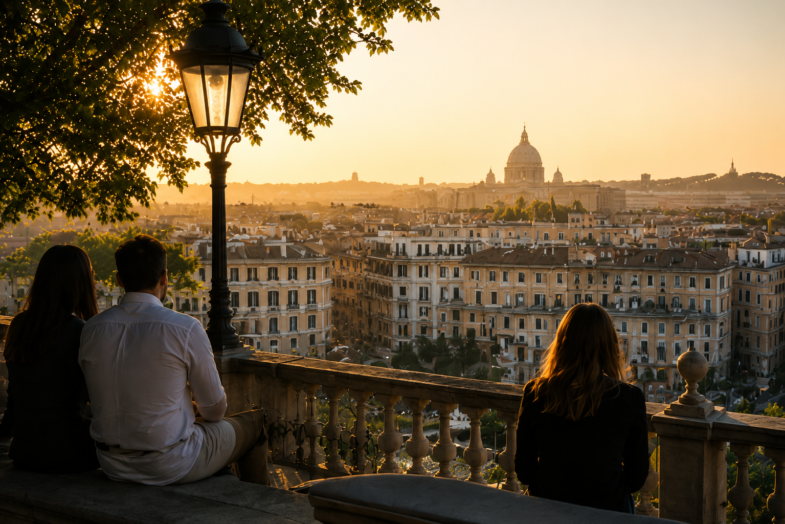 A sunset view over Rome from a balustrade with a glowing streetlamp