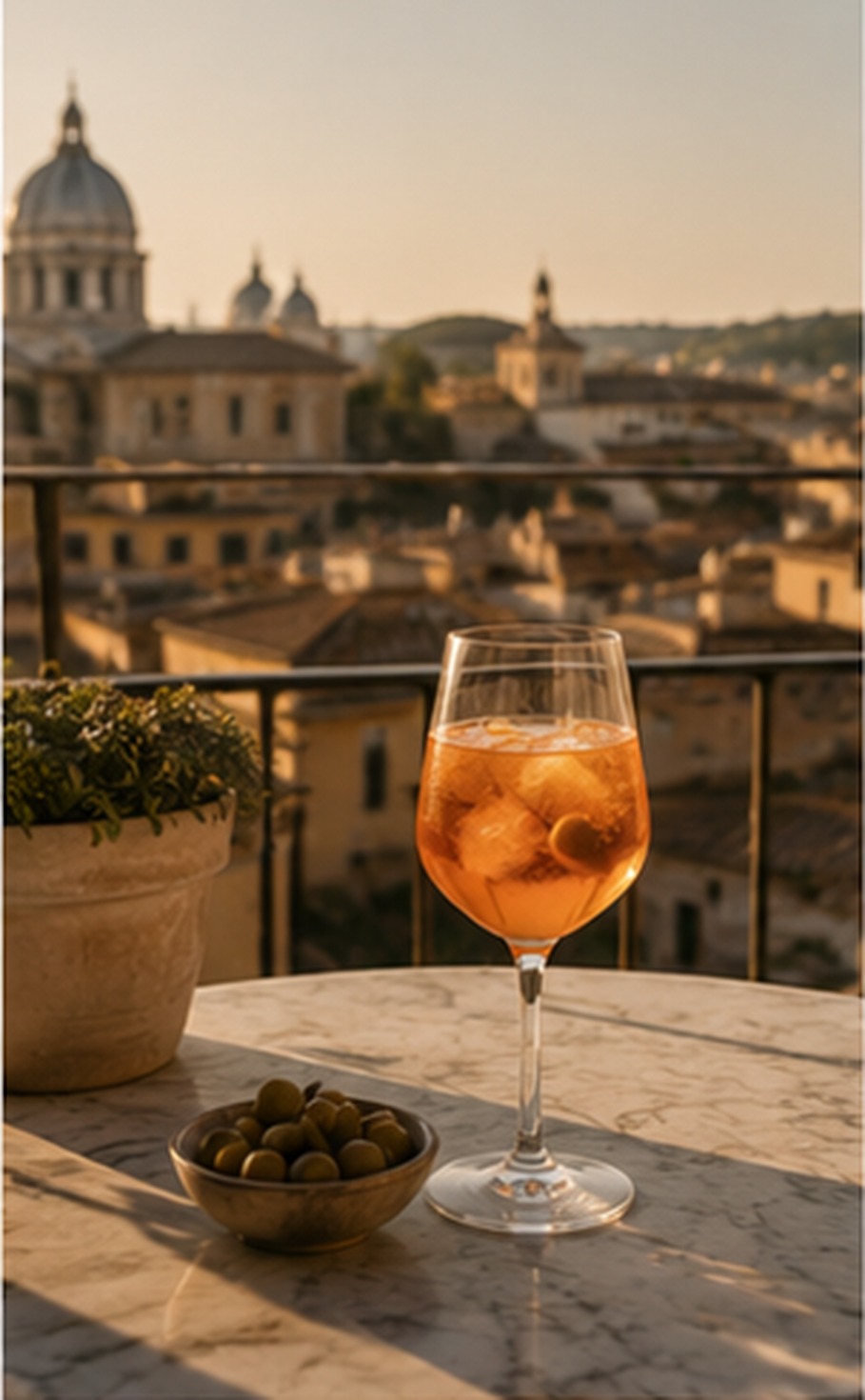 An Aperol spritz on a marble rooftop table with Rome's domes and skyline in the golden hour light.