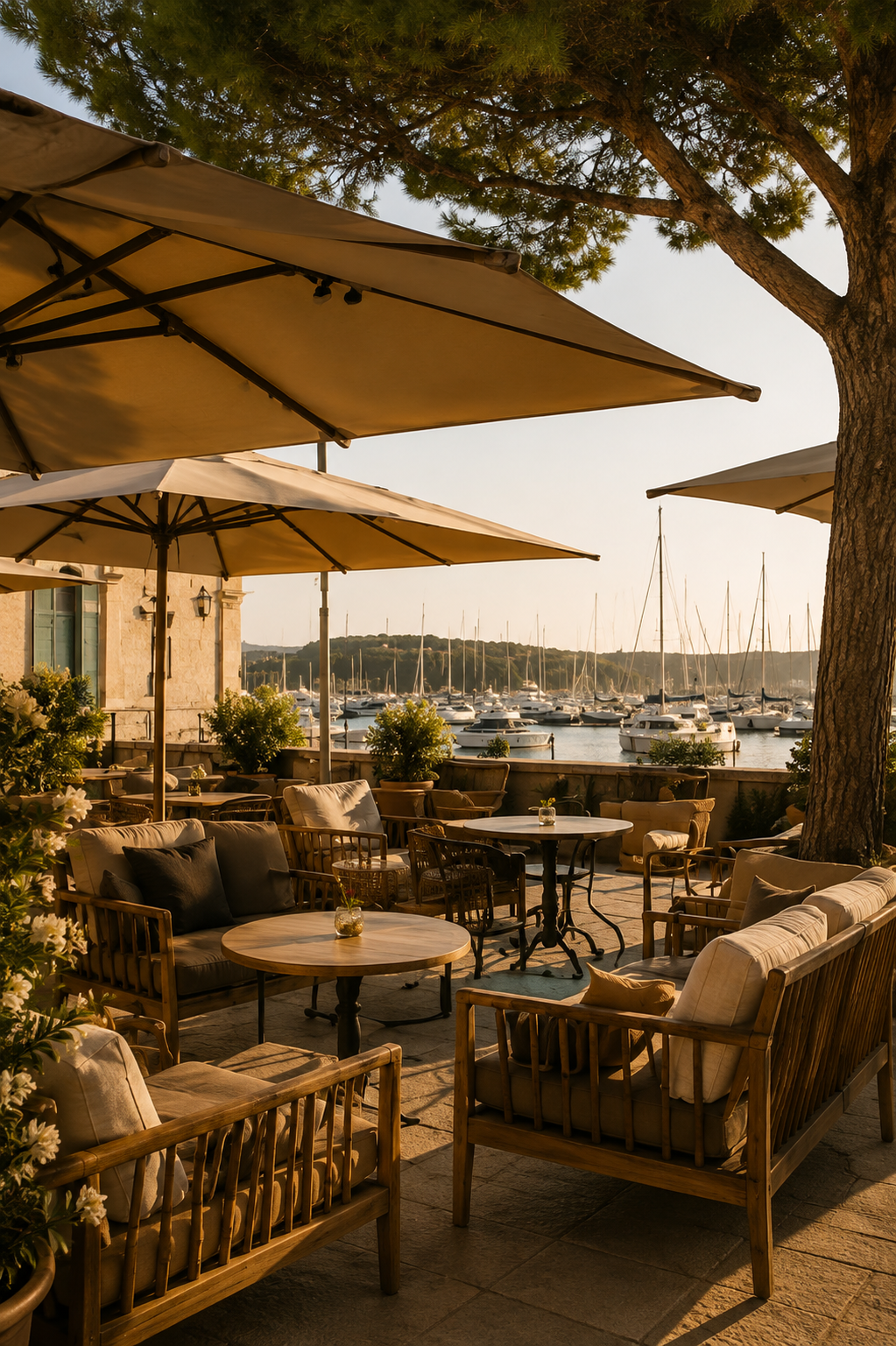 Terrace dining under umbrellas at golden hour