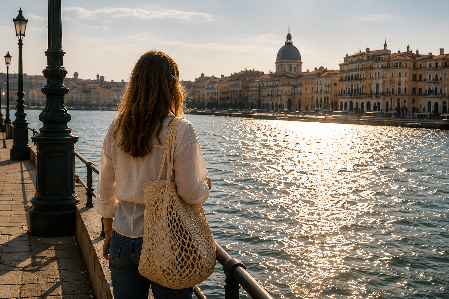 Woman with a woven tote bag looking across a sunlit Venetian waterfront