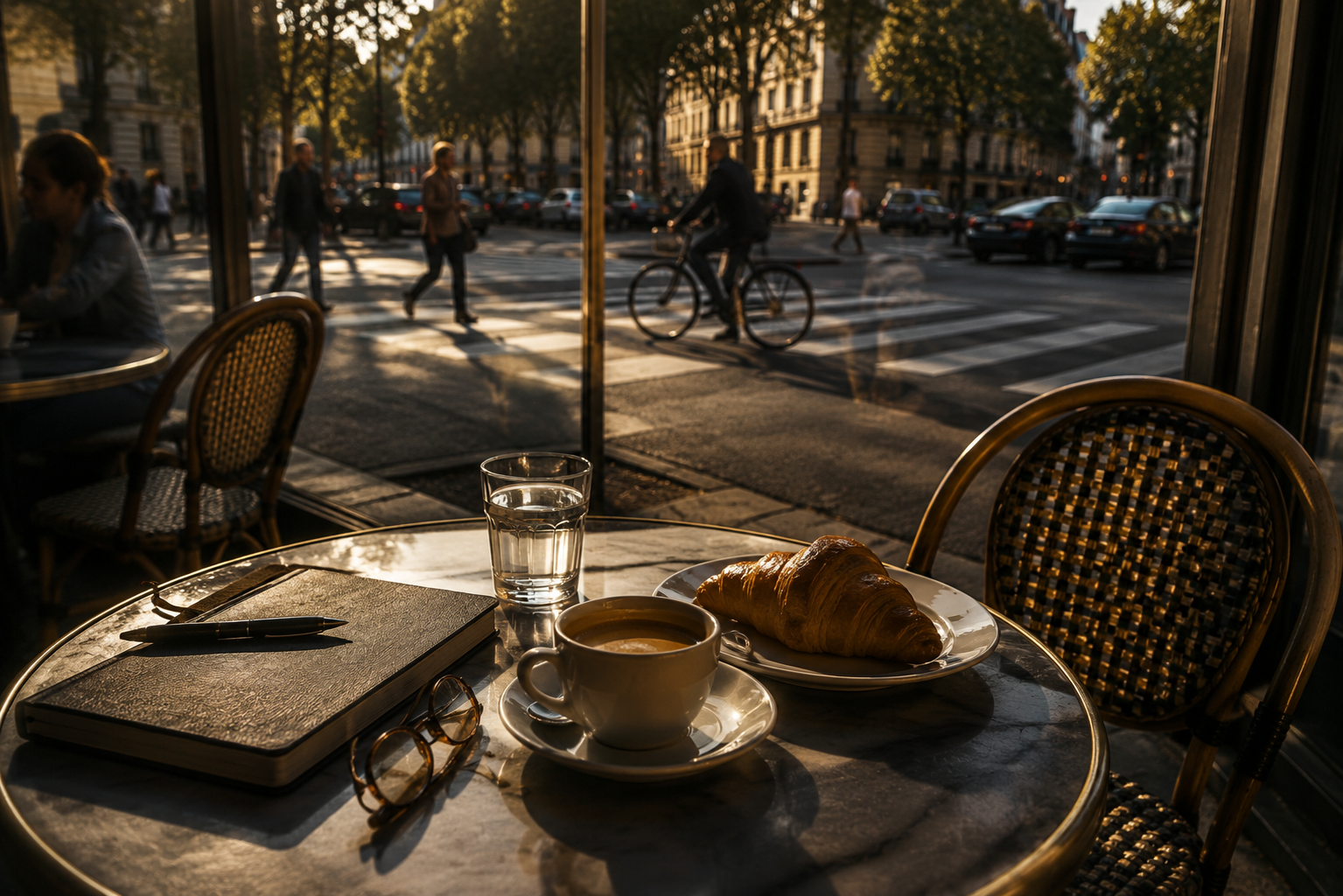 A morning café table in Paris with coffee, a croissant, notebook, and a sunlit boulevard beyond
