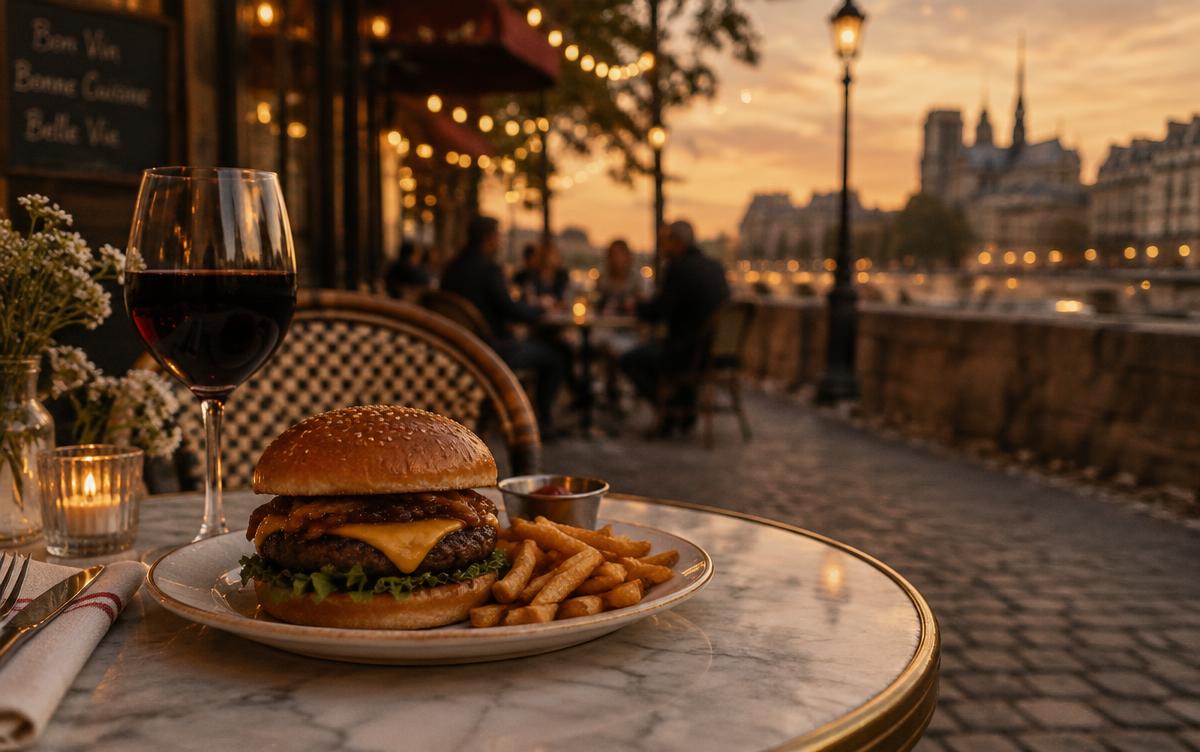 A cheeseburger and a glass of red wine on a marble bistro table outside a café at dusk