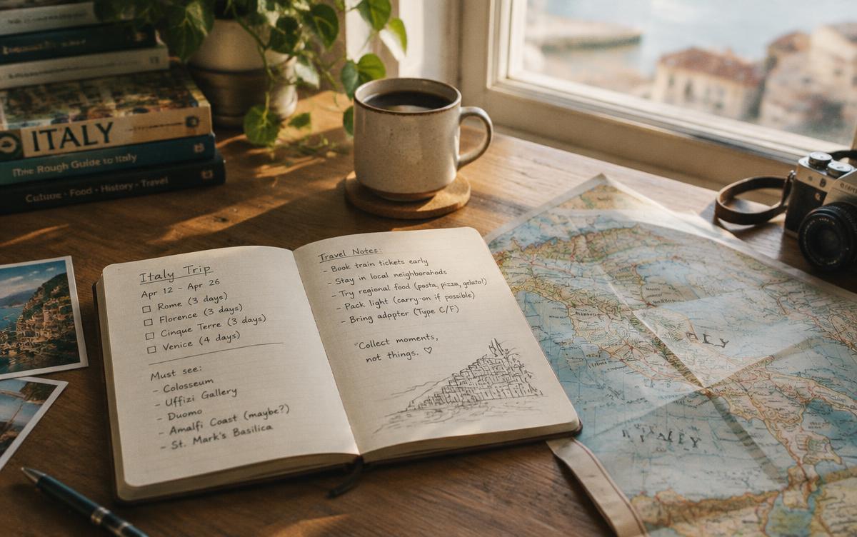 An open notebook of travel plans and a folded map on a wooden desk beside a sunlit window